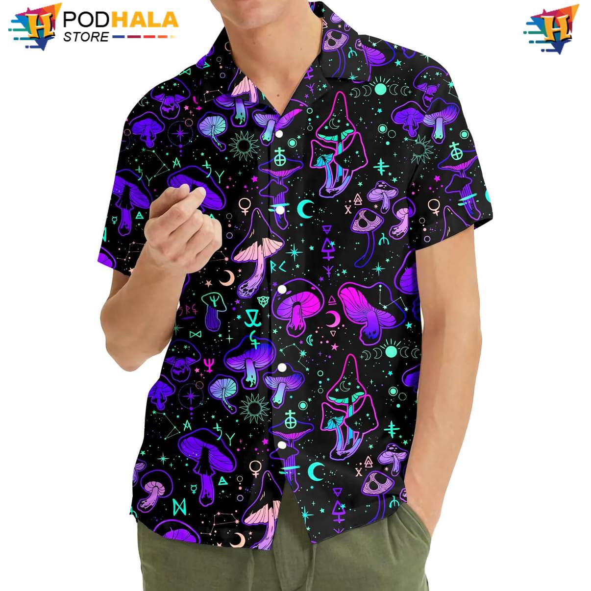 Neon Mushroom Aloha Shirt Mens Tropical Beach Button Down Resort Outfit Neon Mushroom Aloha Shirt Mens Tropical Beach Button Down Resort Outfit