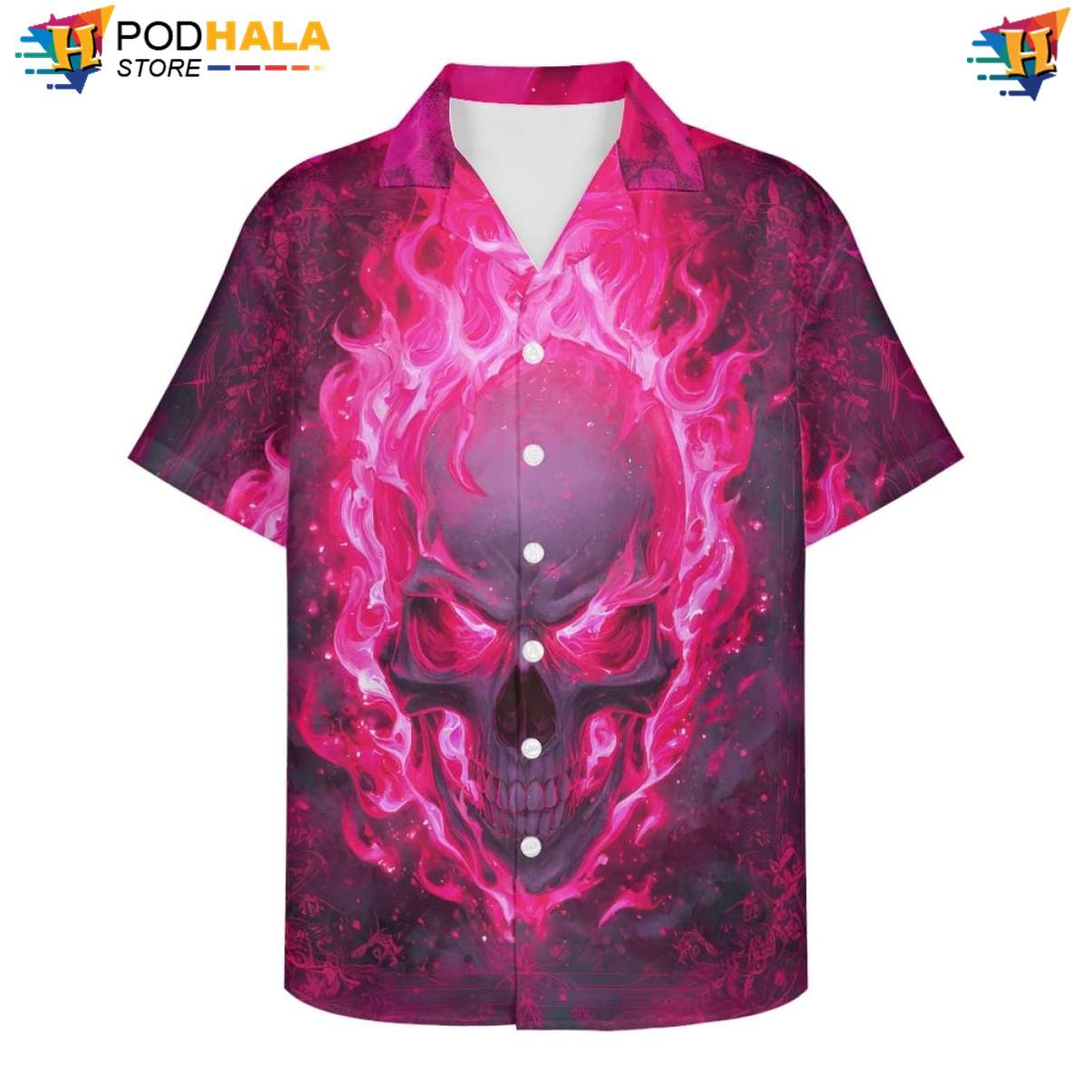 Neon Pink Flame Skull Hawaiian Shirt Mens Floral Beach Button Down Clothing