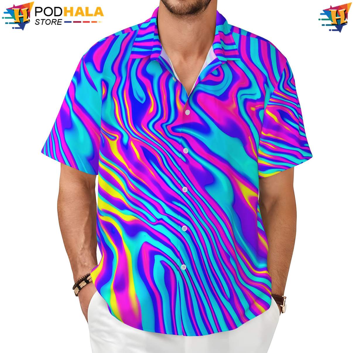 Neon Psychedelic Hawaiian Shirt Funny Mens Short Sleeve Button Up Apparel