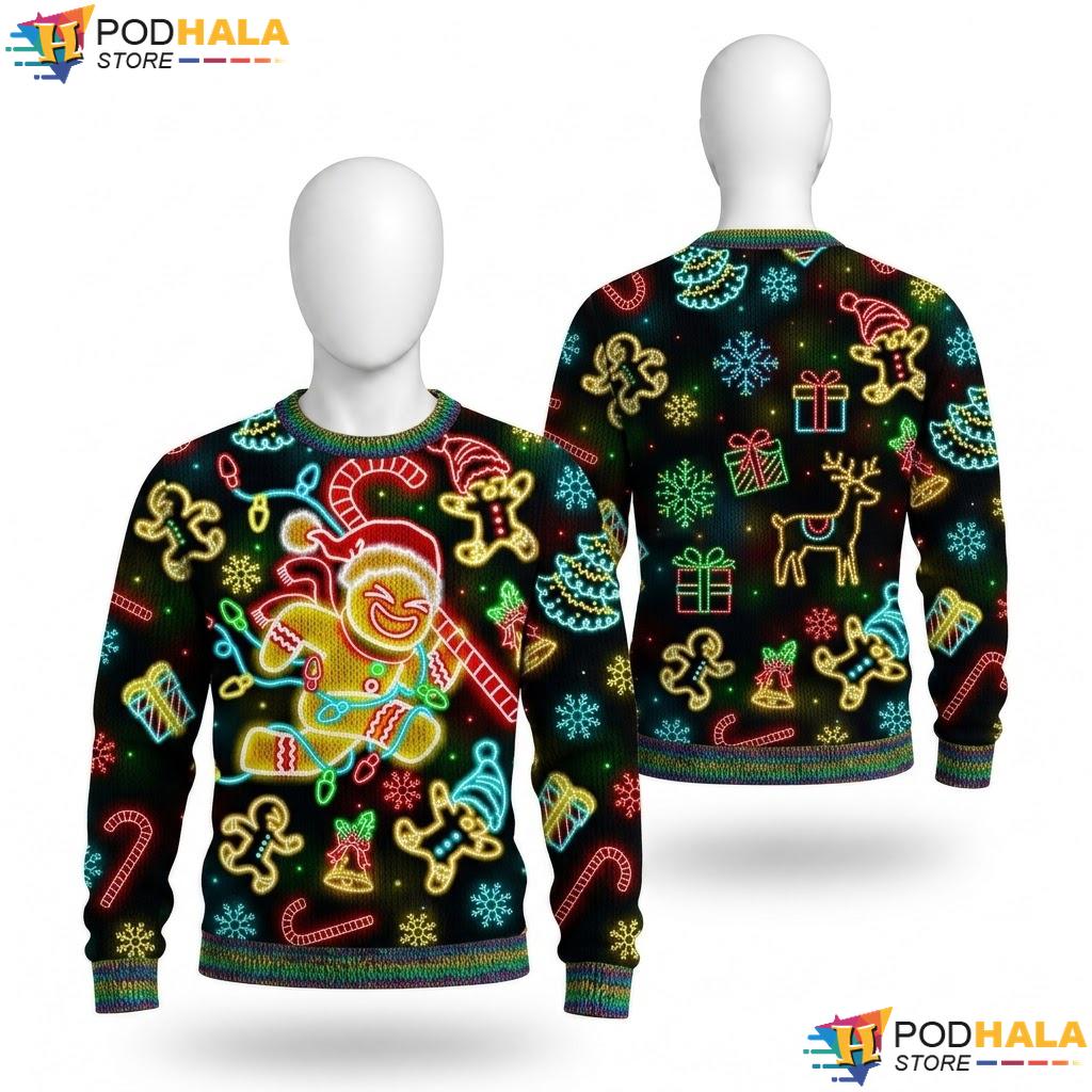 Neon Santa Ugly Christmas Sweater Candy Cane Gingerbread Apparel Mens