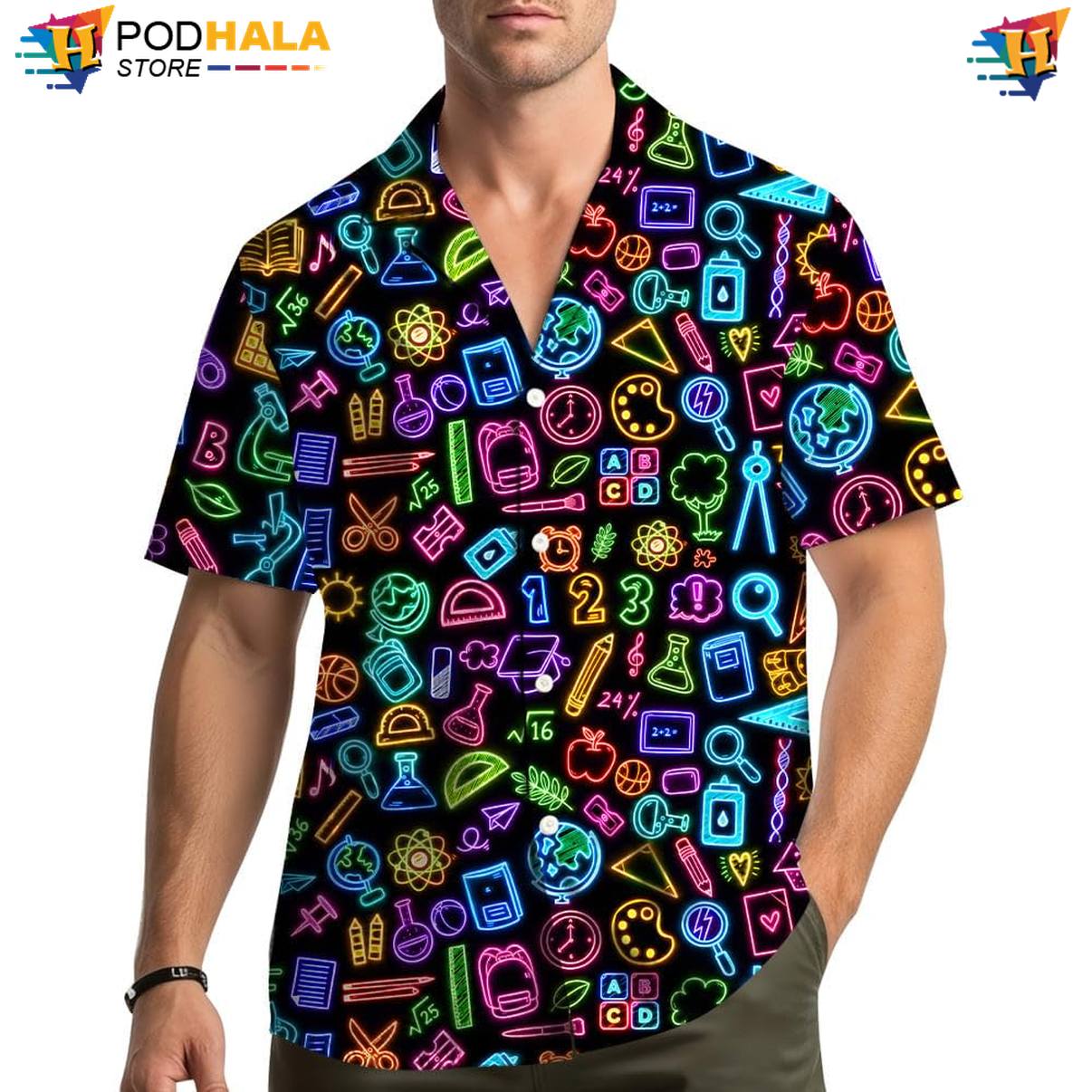 Neon School Fire Hawaiian Shirt Mens Graphic Weekend Beach Festival Apparel