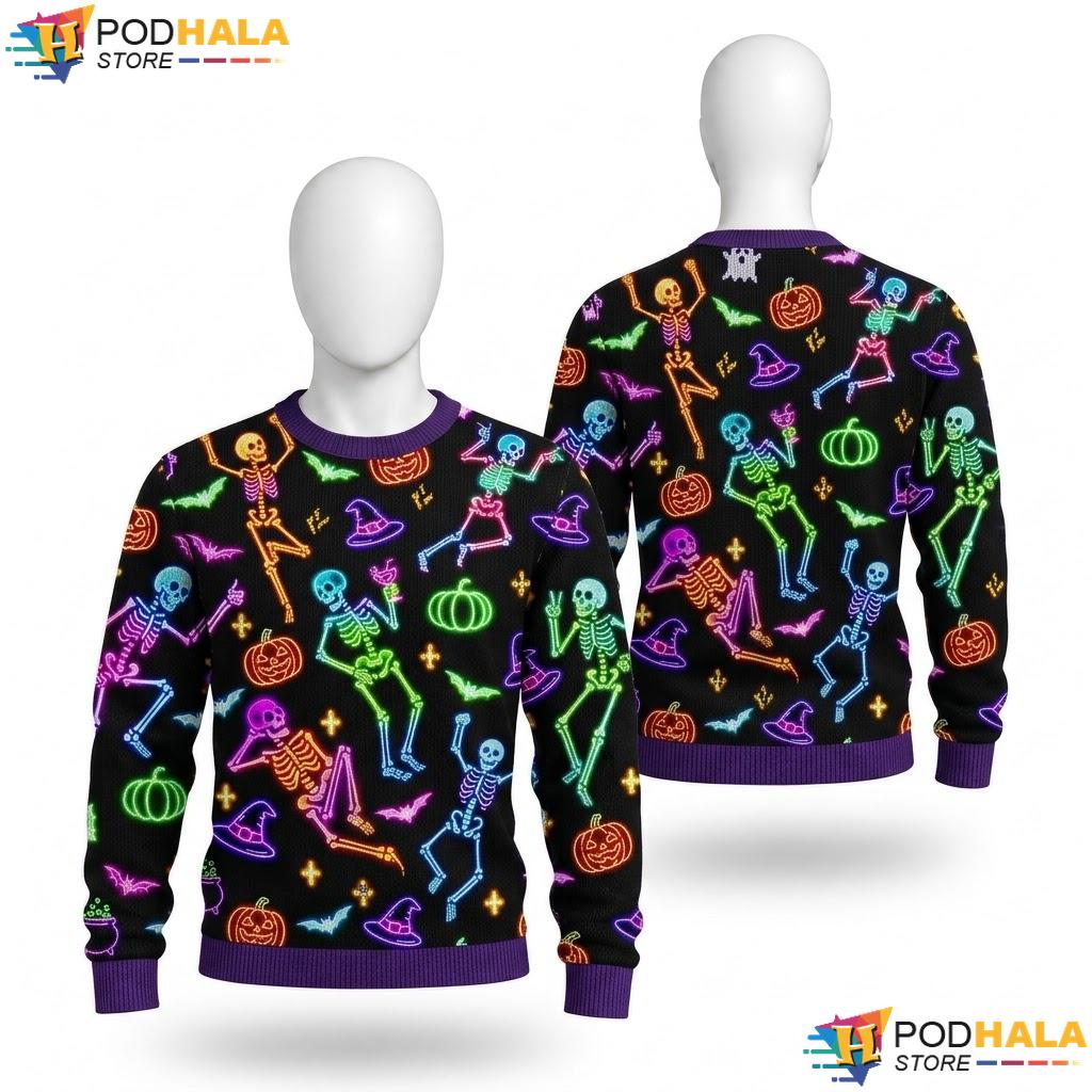 Neon Skeleton Colorful Ugly Sweater Funny Halloween Playful Apparel Top