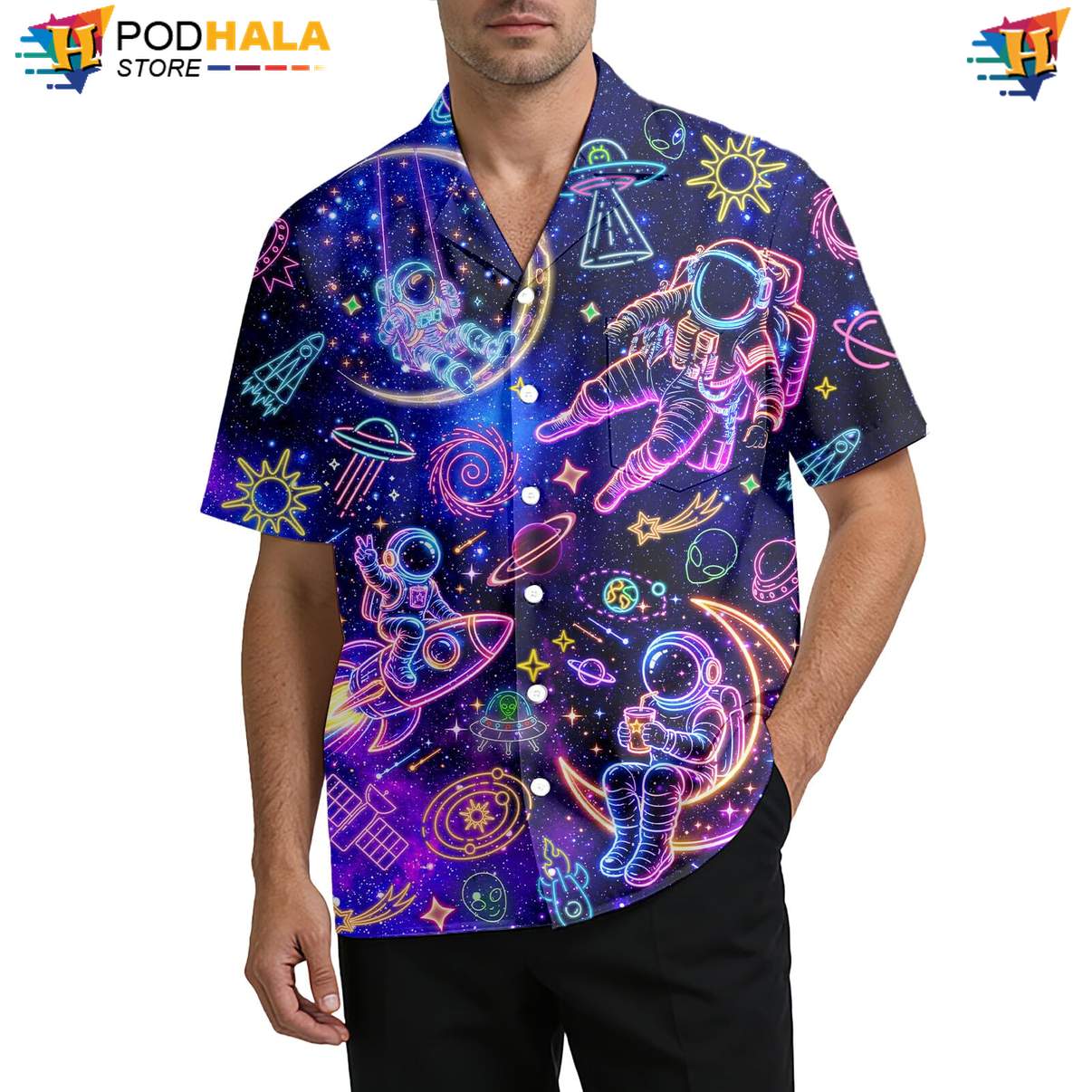 Neon Space Astronaut Aloha Shirt Mens Funny Summer Beach Party Clothing