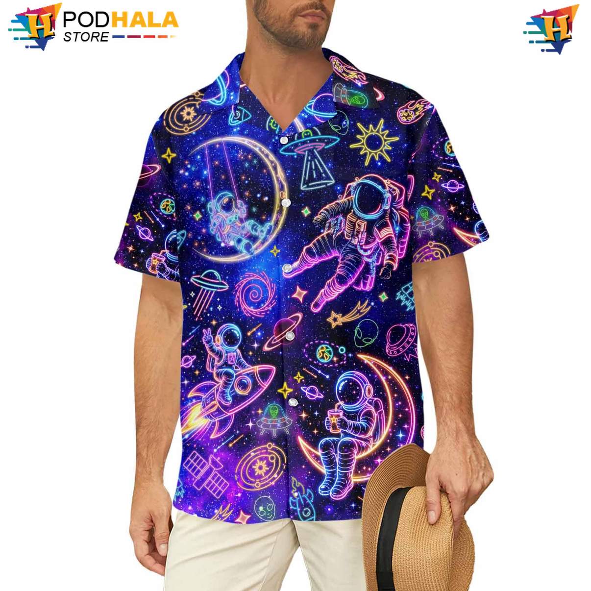 Neon Space Astronaut Tropical Shirt Mens Funny Summer Beach Party Clothing Neon Space Astronaut Tropical Shirt Mens Funny Summer Beach Party Clothing