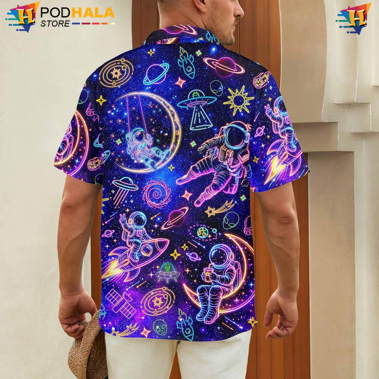 Neon Space Astronaut Short-sleeve button-up shirt Mens Funny Summer Beach Party Clothing Neon Space Astronaut Short-sleeve button-up shirt Mens Funny Summer Beach Party Clothing