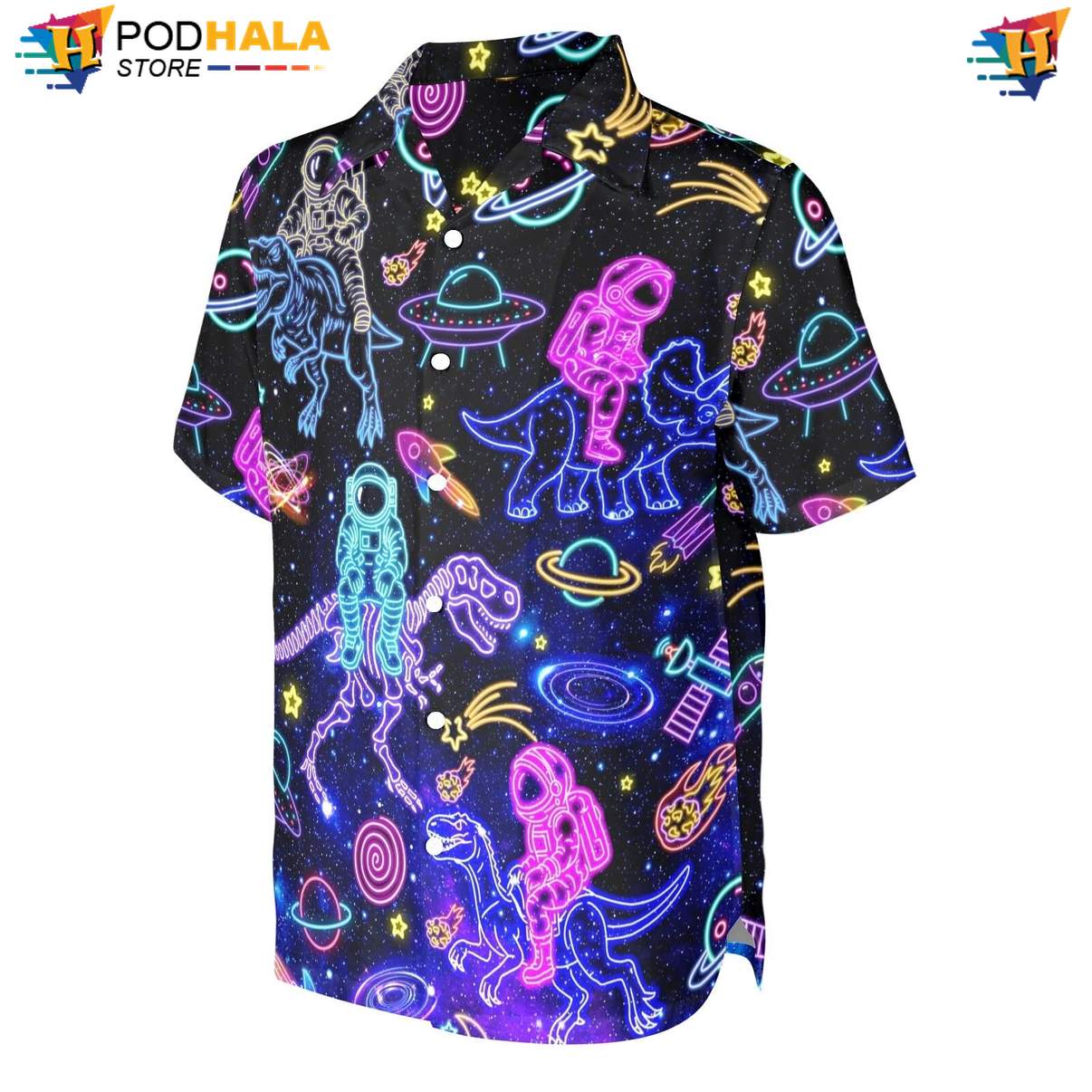 Neon Space Dinosaur Aloha Shirt Mens Astronaut Funny Summer Party Outfit