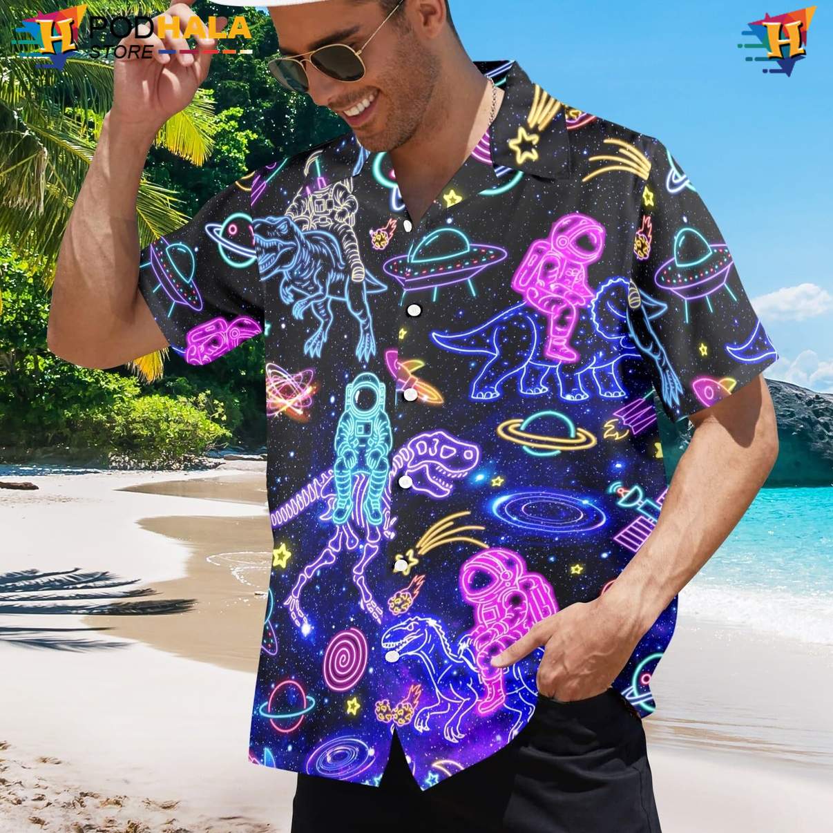 Neon Space Dinosaur Tropical Shirt Mens Astronaut Funny Summer Party Outfit Neon Space Dinosaur Tropical Shirt Mens Astronaut Funny Summer Party Outfit