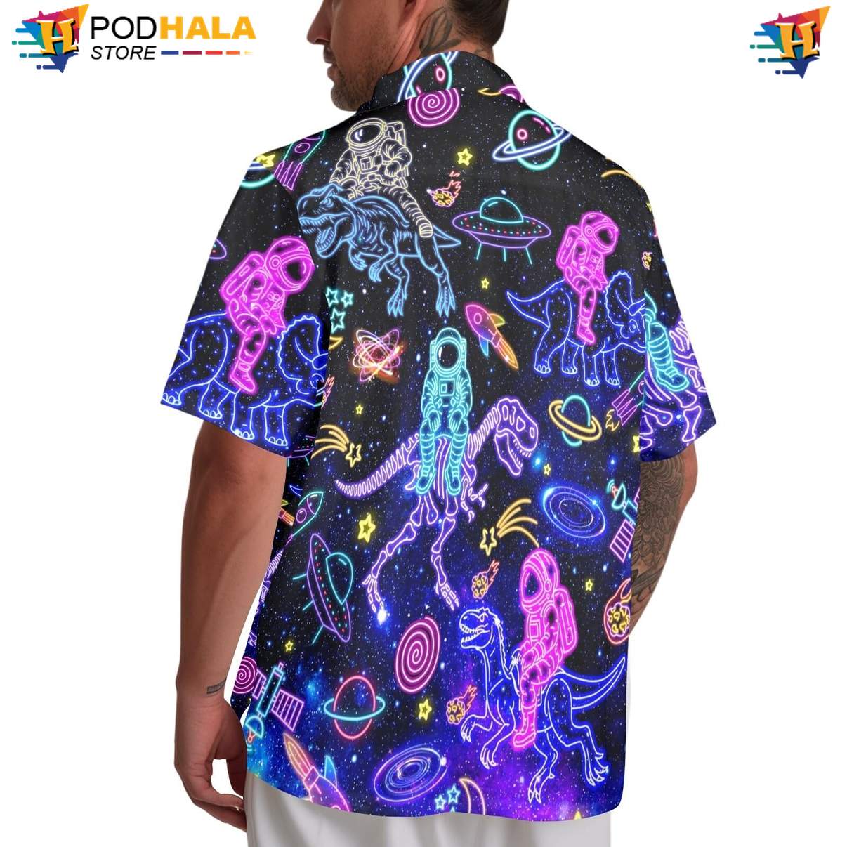 Neon Space Dinosaur Short-sleeve button-up shirt Mens Astronaut Funny Summer Party Outfit Neon Space Dinosaur Short-sleeve button-up shirt Mens Astronaut Funny Summer Party Outfit