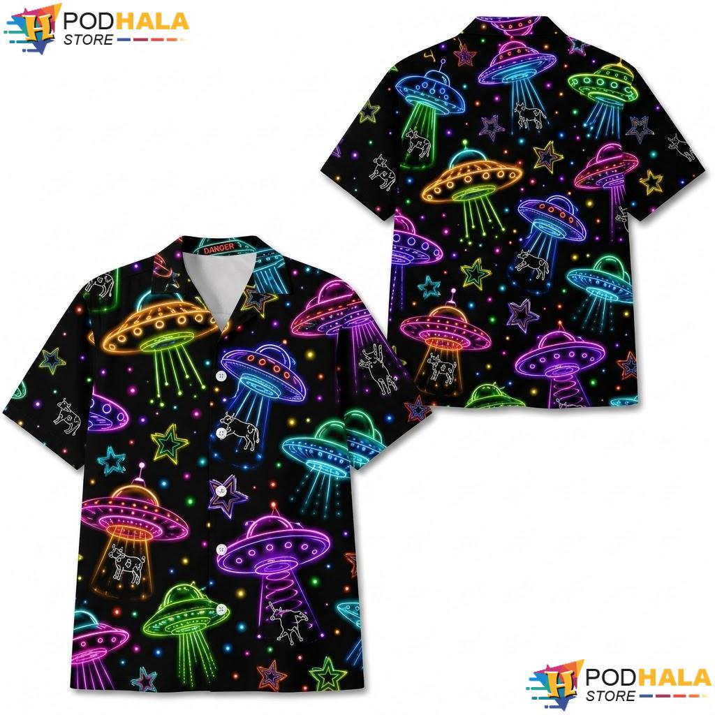 Neon Starry Ufo Hawaiian Shirt Colorful Alien Graphic Summer Beachwear