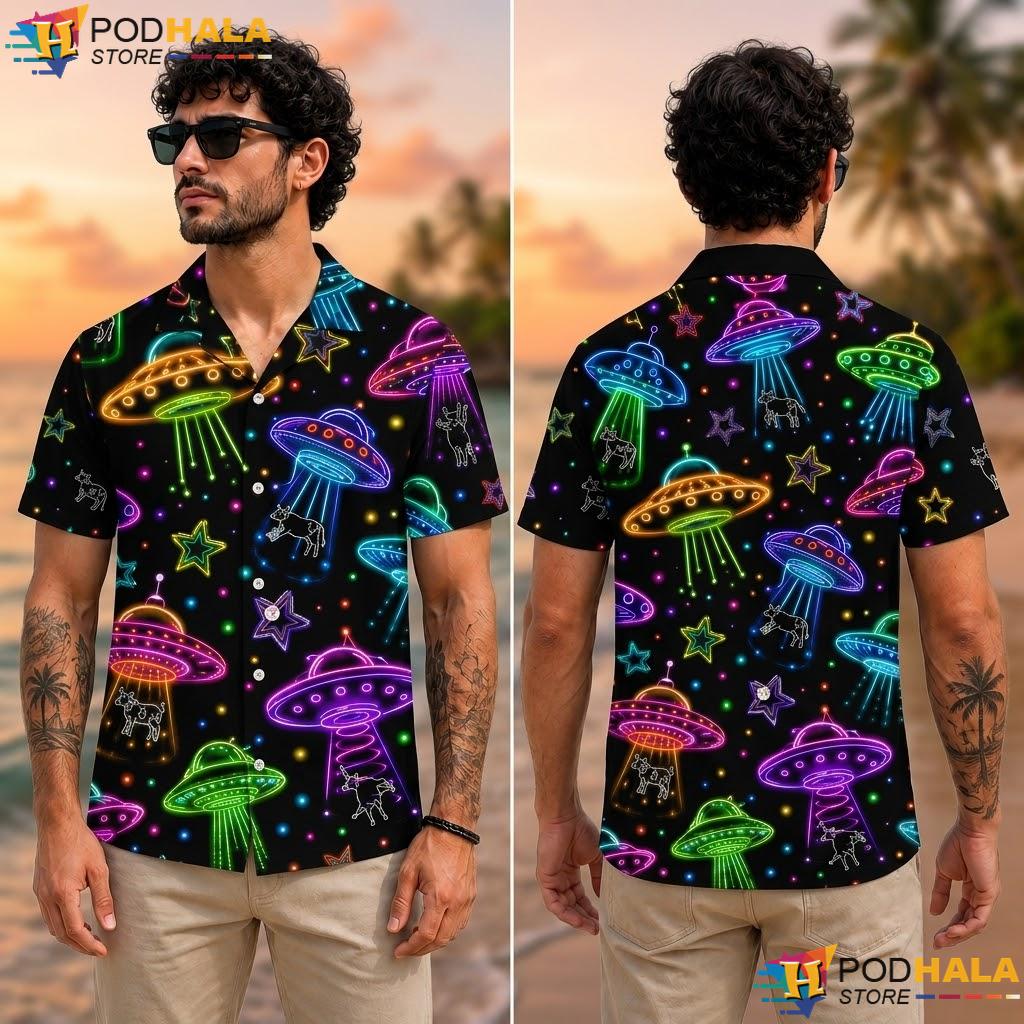 Neon Starry Ufo Aloha Shirt Colorful Alien Graphic Summer Beachwear Neon Starry Ufo Aloha Shirt Colorful Alien Graphic Summer Beachwear