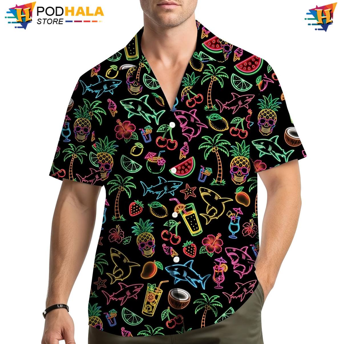 Neon Tropical Fire Aloha Shirt Mens Graphic Weekend Holiday Camp Apparel Top