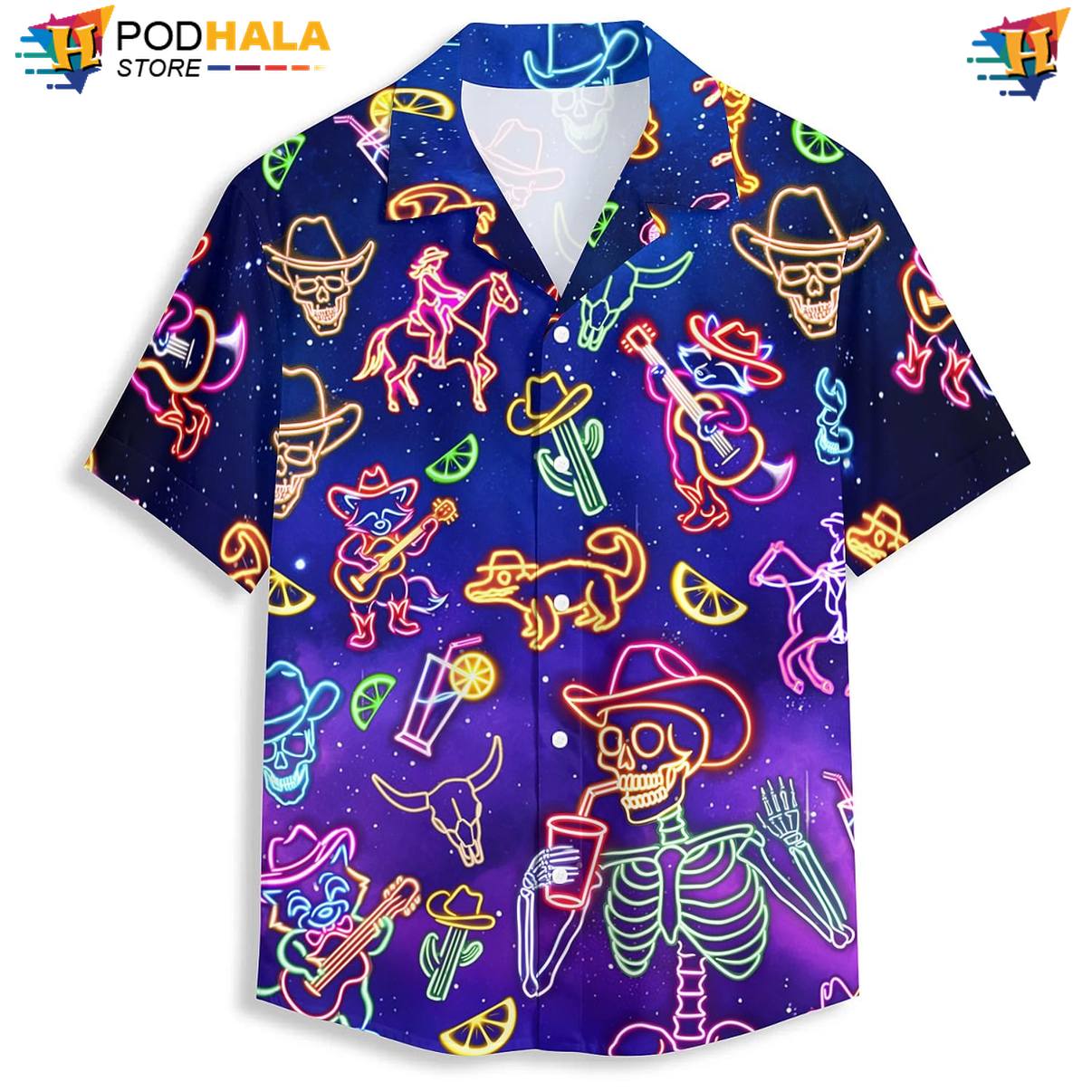 Neon Western Cowboy Aloha Shirt Mens Tropical Vacation Island Vibe Gear Top