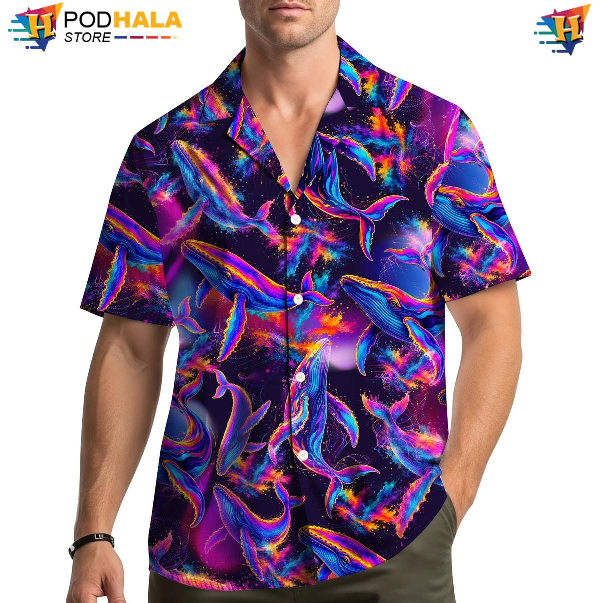 Neon Whale Fire Aloha Shirt Mens Graphic Tropical Resort Holiday Camp Apparel