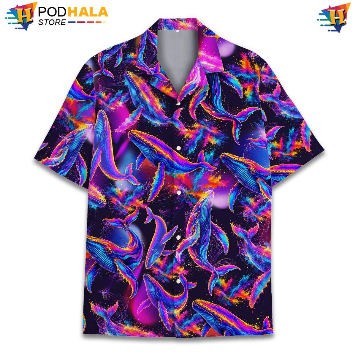 Neon Whale Fire Short-sleeve button-up shirt Mens Graphic Tropical Resort Holiday Camp Apparel Neon Whale Fire Short-sleeve button-up shirt Mens Graphic Tropical Resort Holiday Camp Apparel