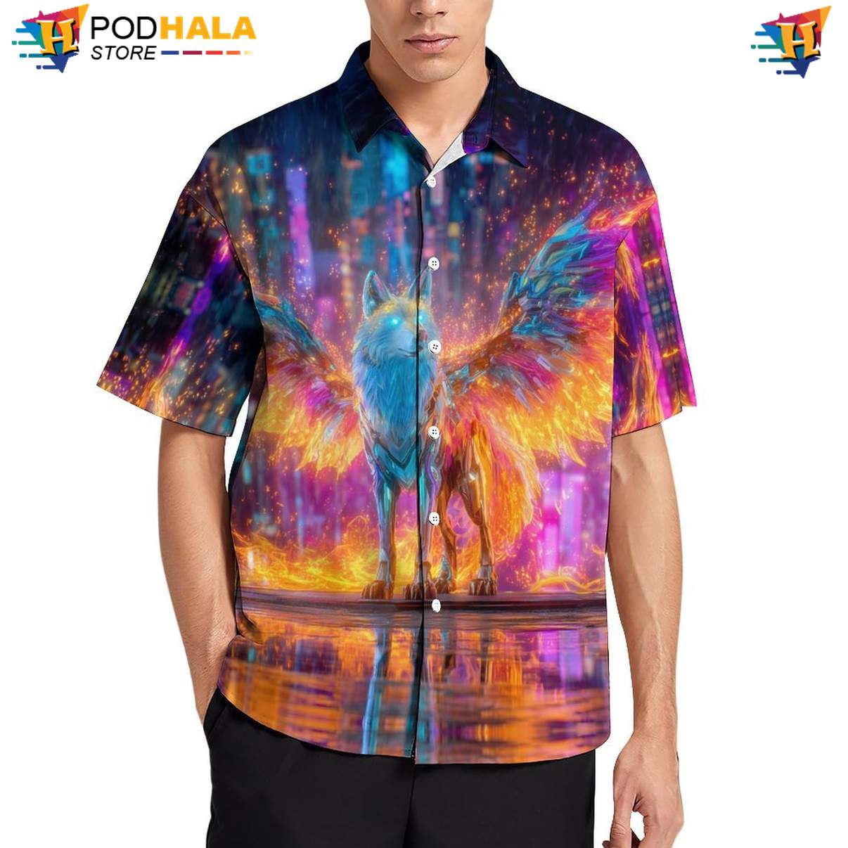 Neon Winged Wolf Aloha Shirt Mens Cool Print Casual Graphic Beach Festival
