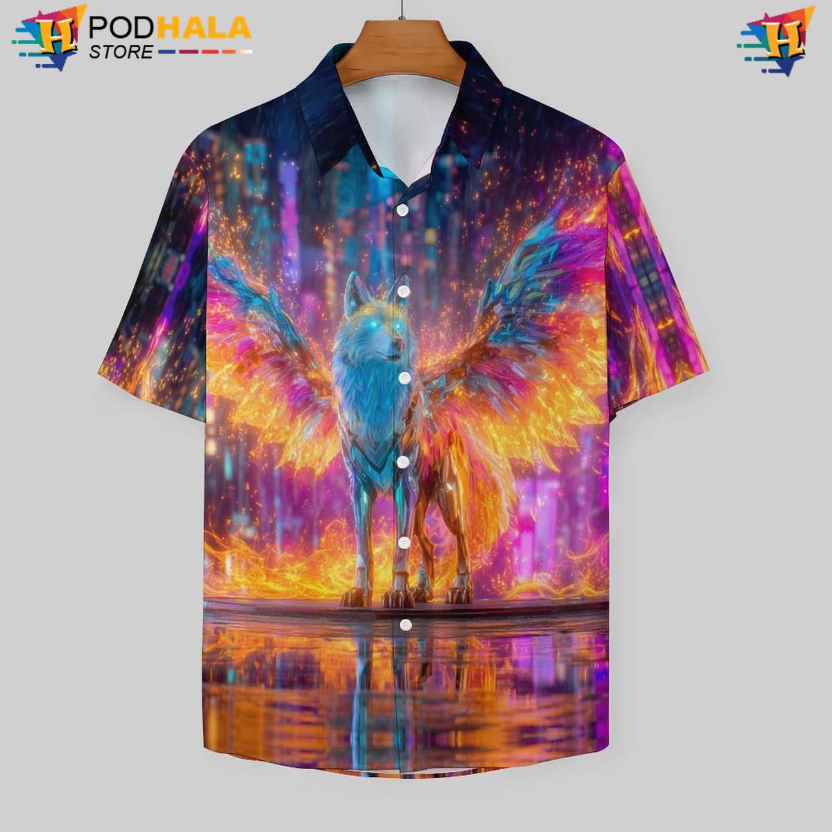 Neon Winged Wolf Tropical Shirt Mens Cool Print Casual Graphic Beach Festival Neon Winged Wolf Tropical Shirt Mens Cool Print Casual Graphic Beach Festival