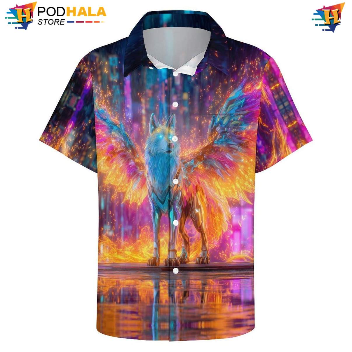 Neon Winged Wolf Short-sleeve button-up shirt Mens Cool Print Casual Graphic Beach Festival Neon Winged Wolf Short-sleeve button-up shirt Mens Cool Print Casual Graphic Beach Festival
