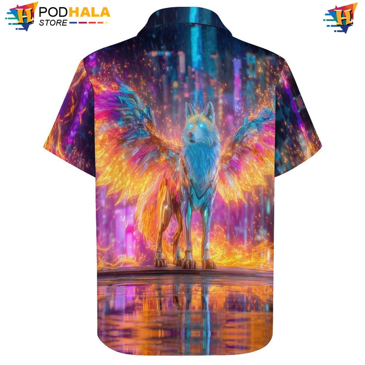 Neon Winged Wolf Tropical Shirt Mens Cool Print Casual Graphic Beach Festival Neon Winged Wolf Tropical Shirt Mens Cool Print Casual Graphic Beach Festival