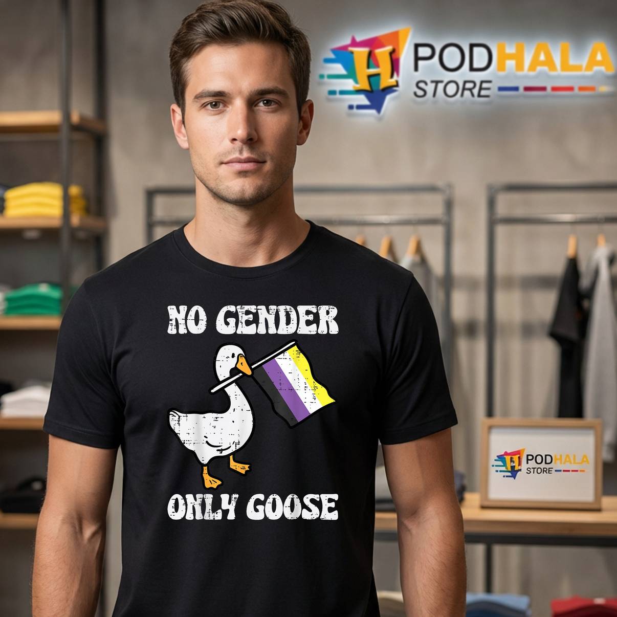 No Gender Only Goose Nonbinary Shirt Enby Pride Flag LGBT Graphic Mens