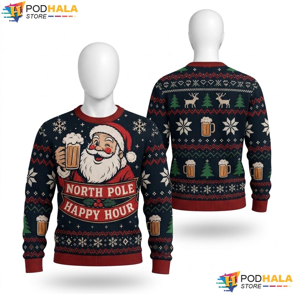 North Pole Ugly Christmas Sweater Happy Hour Quirky Santa Apparel Top