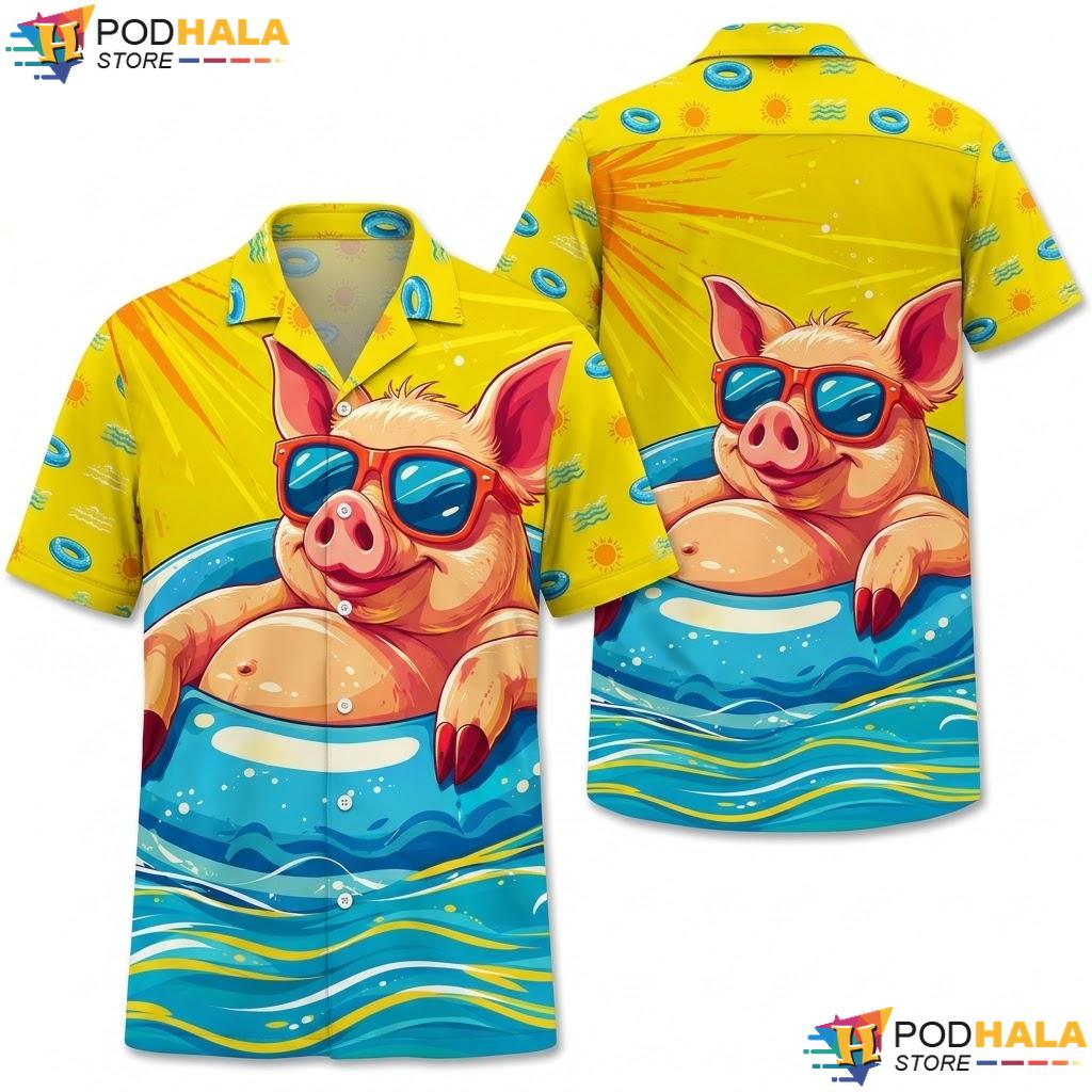 Novelty Pig Pool Party Hawaiian Shirt Playful Mens Casual Summer Top