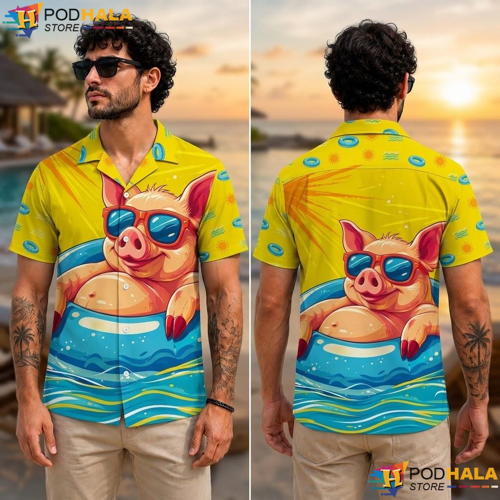 Novelty Pig Pool Party Aloha Shirt Playful Mens Casual Summer Top Novelty Pig Pool Party Aloha Shirt Playful Mens Casual Summer Top