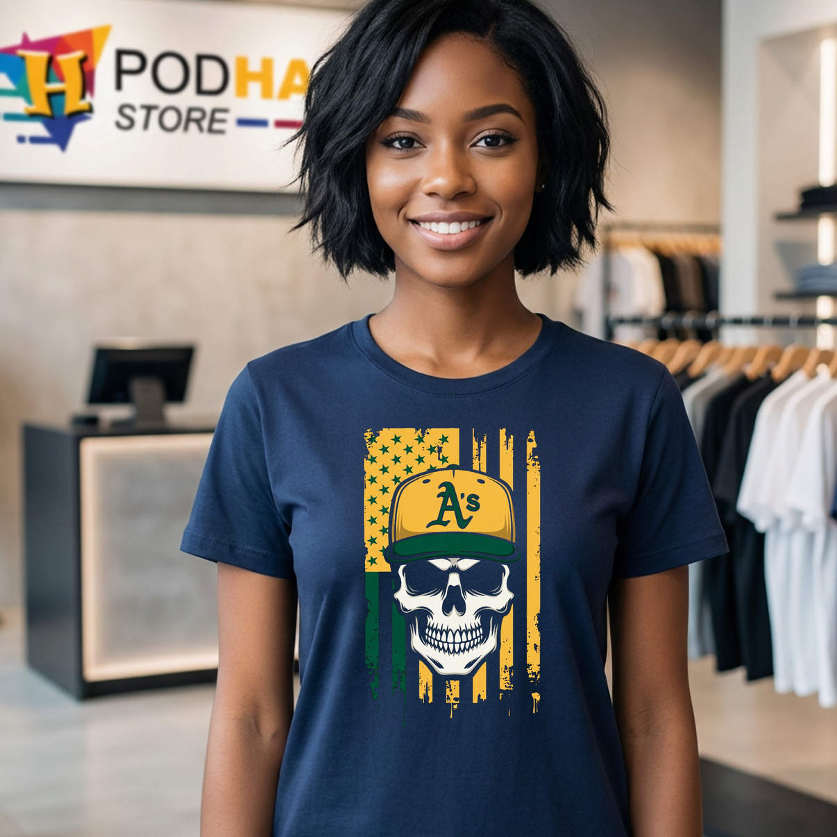 Oakland Athletics Skull Hat Shirt Hip Hop US Flag Baseball Fan Graphic Art