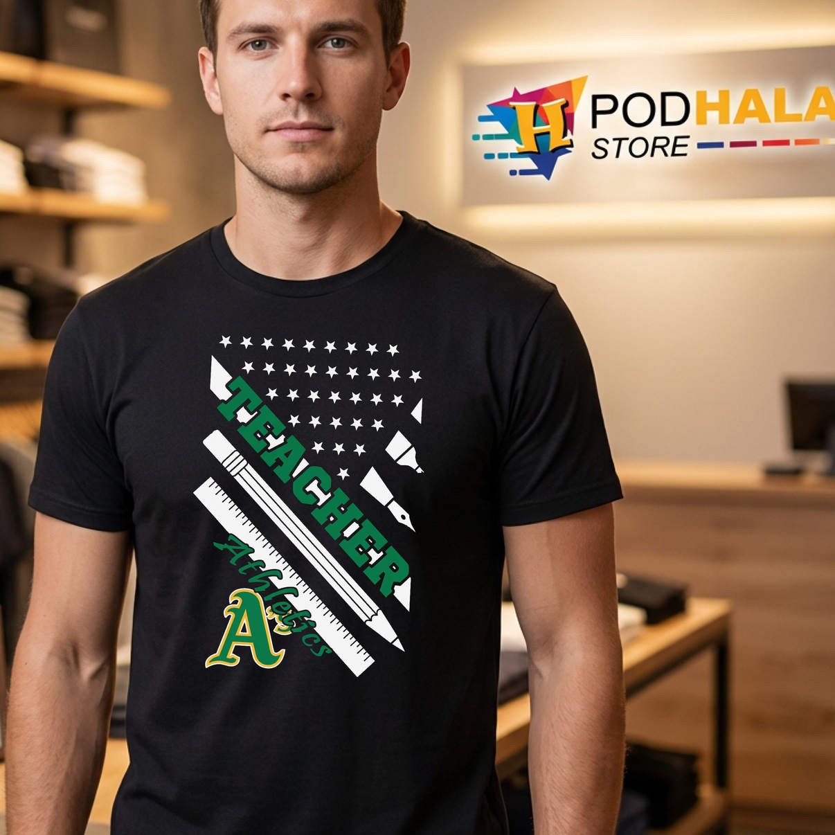 Oakland Athletics Teacher Shirt Baseball Logo US Flag Fan Graphic For Lovers