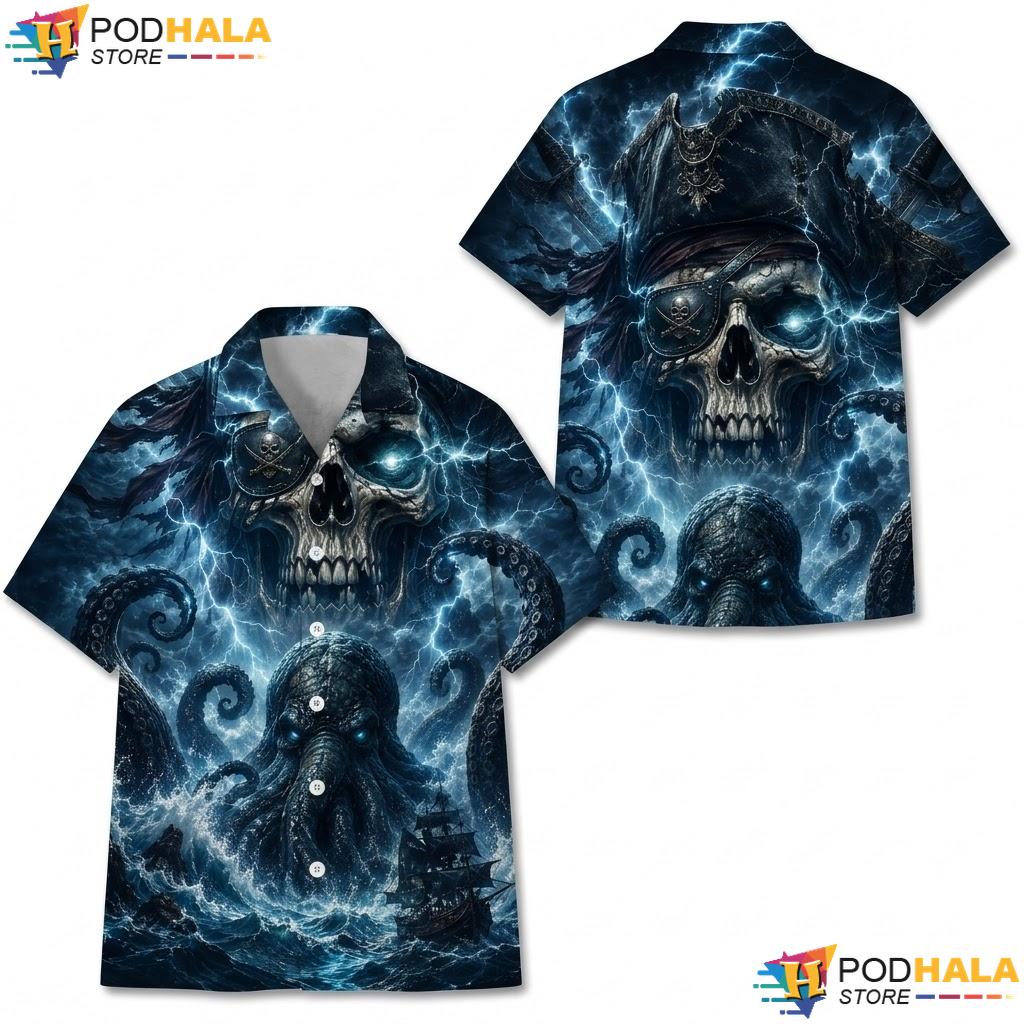 Ocean Graphic Octopus Aloha Shirt Menacing Pirate Skull Summer Apparel