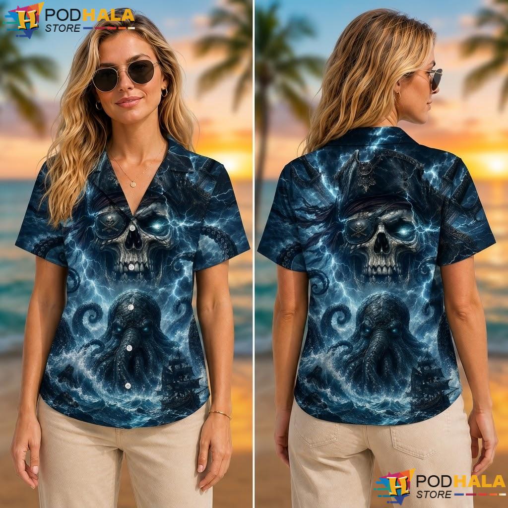 Ocean Graphic Octopus Tropical Shirt Menacing Pirate Skull Summer Apparel Ocean Graphic Octopus Tropical Shirt Menacing Pirate Skull Summer Apparel
