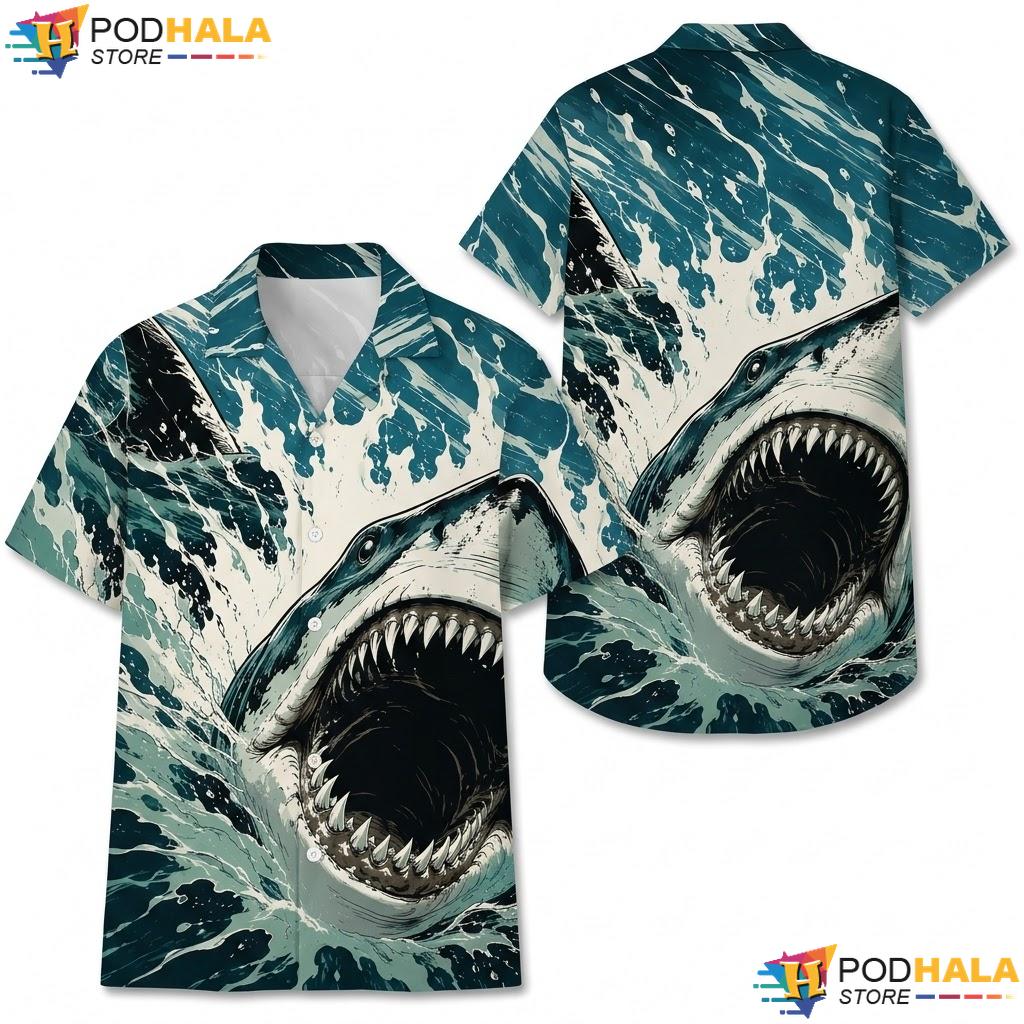 Ocean Graphic Shark Aloha Shirt Novelty Print Mens Summer Button Down