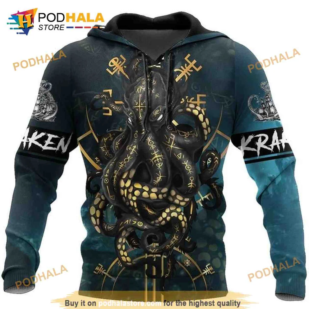 Oceanic Kraken Octopus 3d Hoodie With Intricate Gold And Black Design
