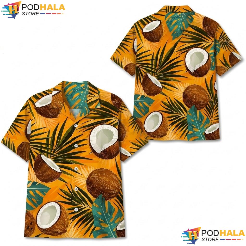 Orange Coconut Palm Graphic Aloha Shirt Vibrant Tropical Mens Apparel