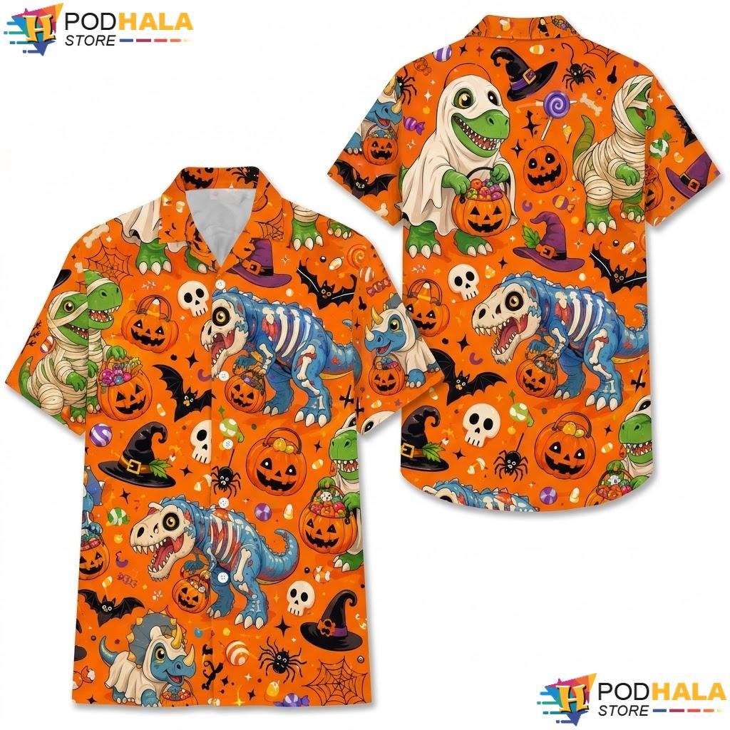 Orange Pumpkin T Rex Hawaiian Shirt Vibrant Festive Halloween Apparel