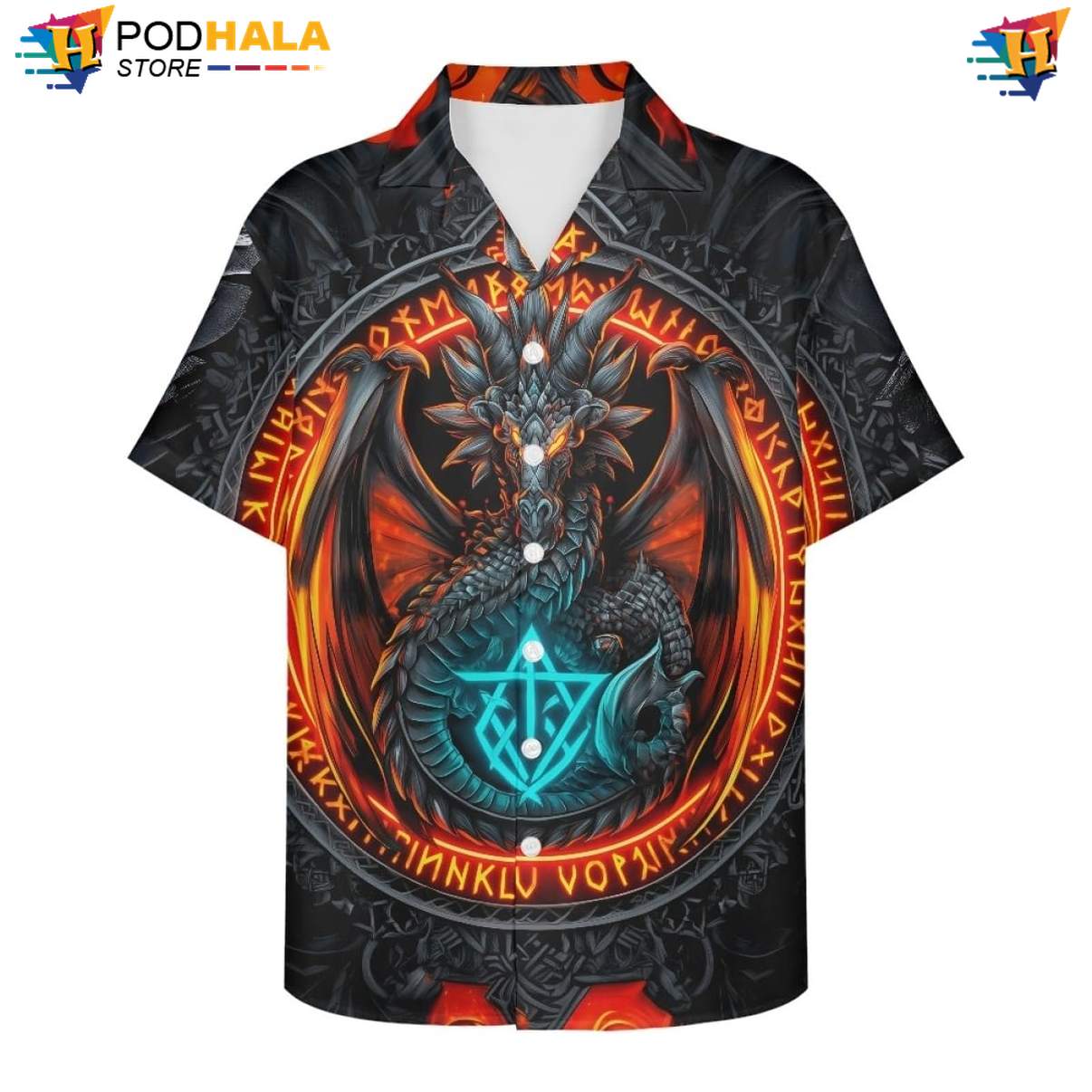 Orange Rune Dragon Aloha Shirt Mens Norse Mythology Graphic Festival Gear