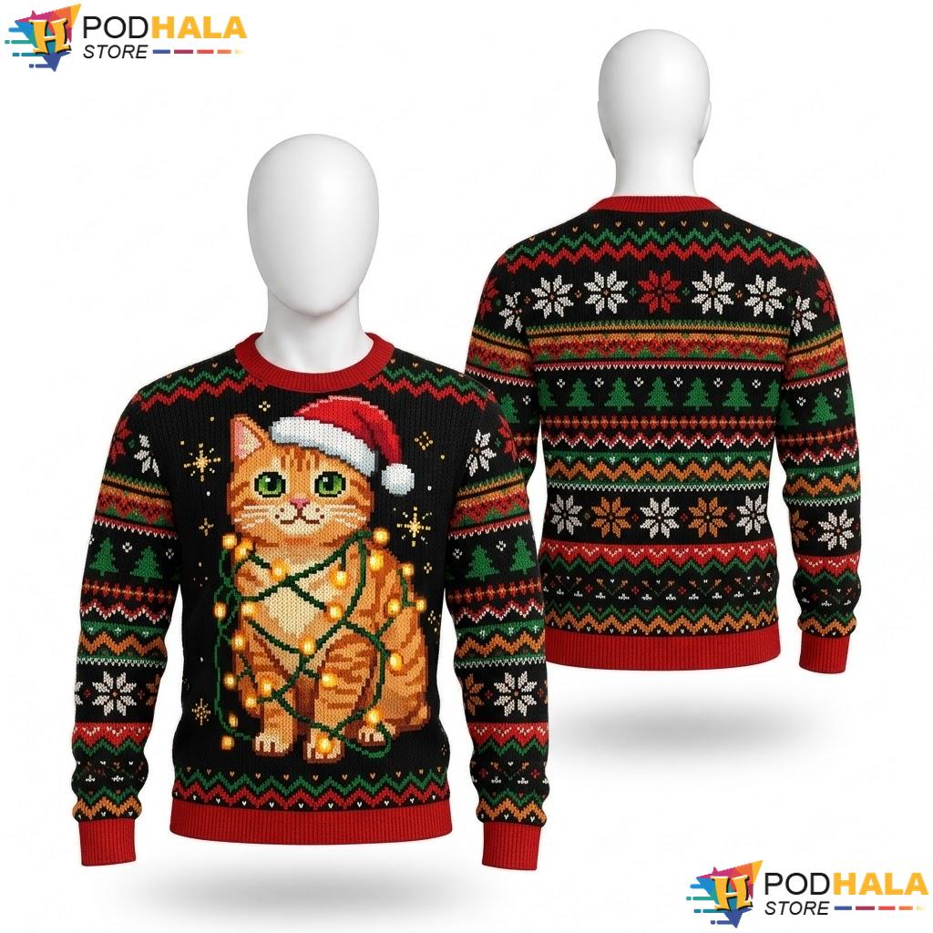 Orange Tabby Cat Lights Christmas Sweater Funny Santa Holiday Outfit