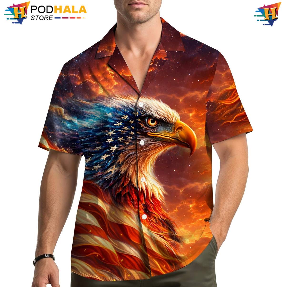 Orange USA Flag Eagle Hawaiian Shirt Mens Patriotic Fourth Of July Gear
