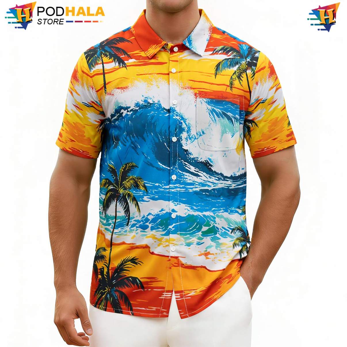 Orange Wave Hawaiian Shirt Mens Tropical Floral Palm Summer Beach Lightweight