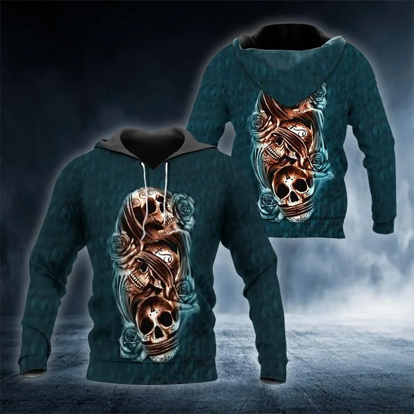 Ornate Blue Skull 3d Hoodie With Intricate Roses Design