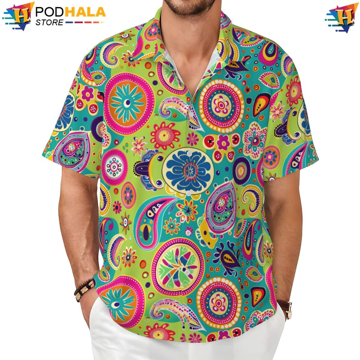 Paisley Floral Hawaiian Shirt Retro 70s Mens Short Sleeve Beachwear
