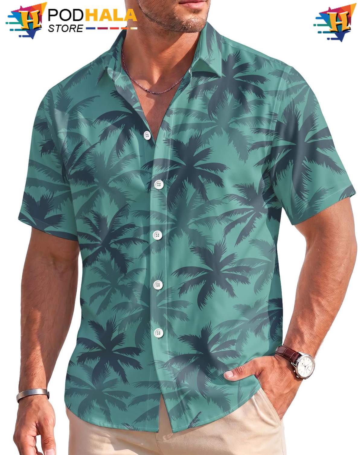 Palm Tree Hawaiian Shirt Mens Lightweight Stretch Beach Resort Apparel
