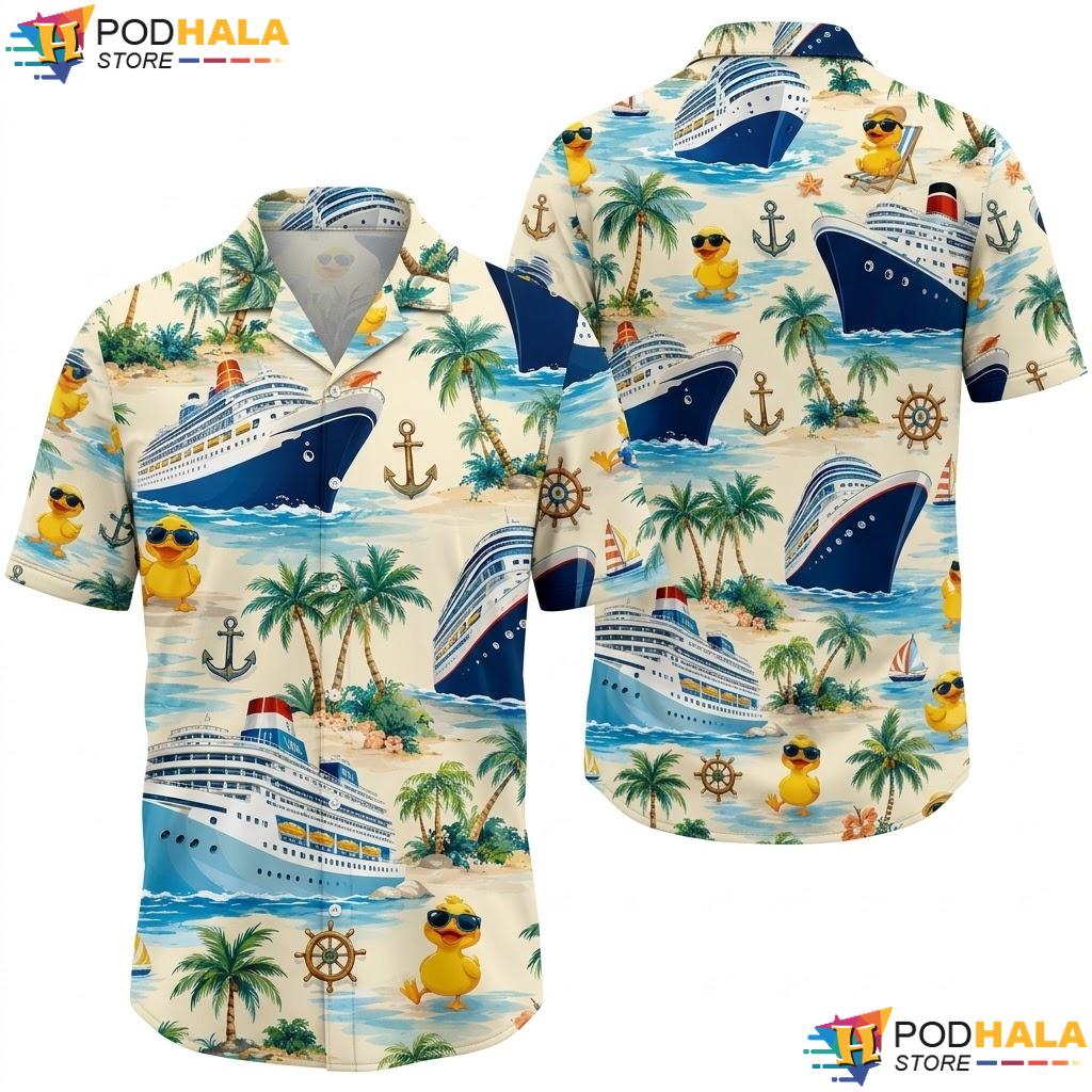 Palm Tree Rubber Duck Hawaiian Shirt Vibrant Tropical Cruise Apparel