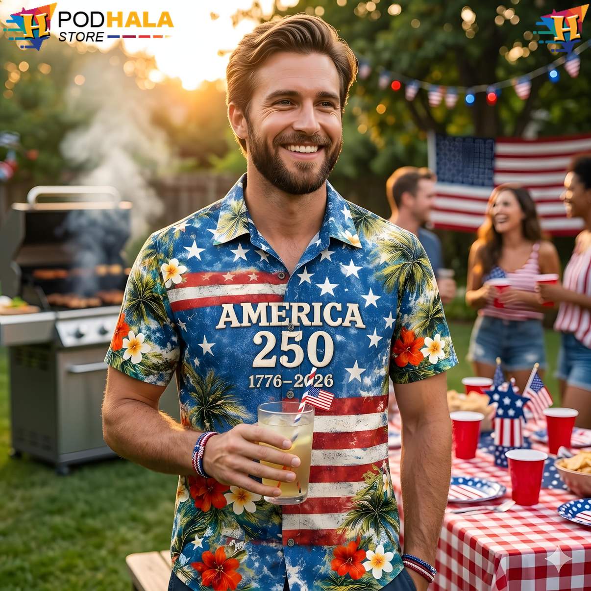 Patriotic 1776 Hawaiian Shirt US 250th Anniversary American Flag Mens Top