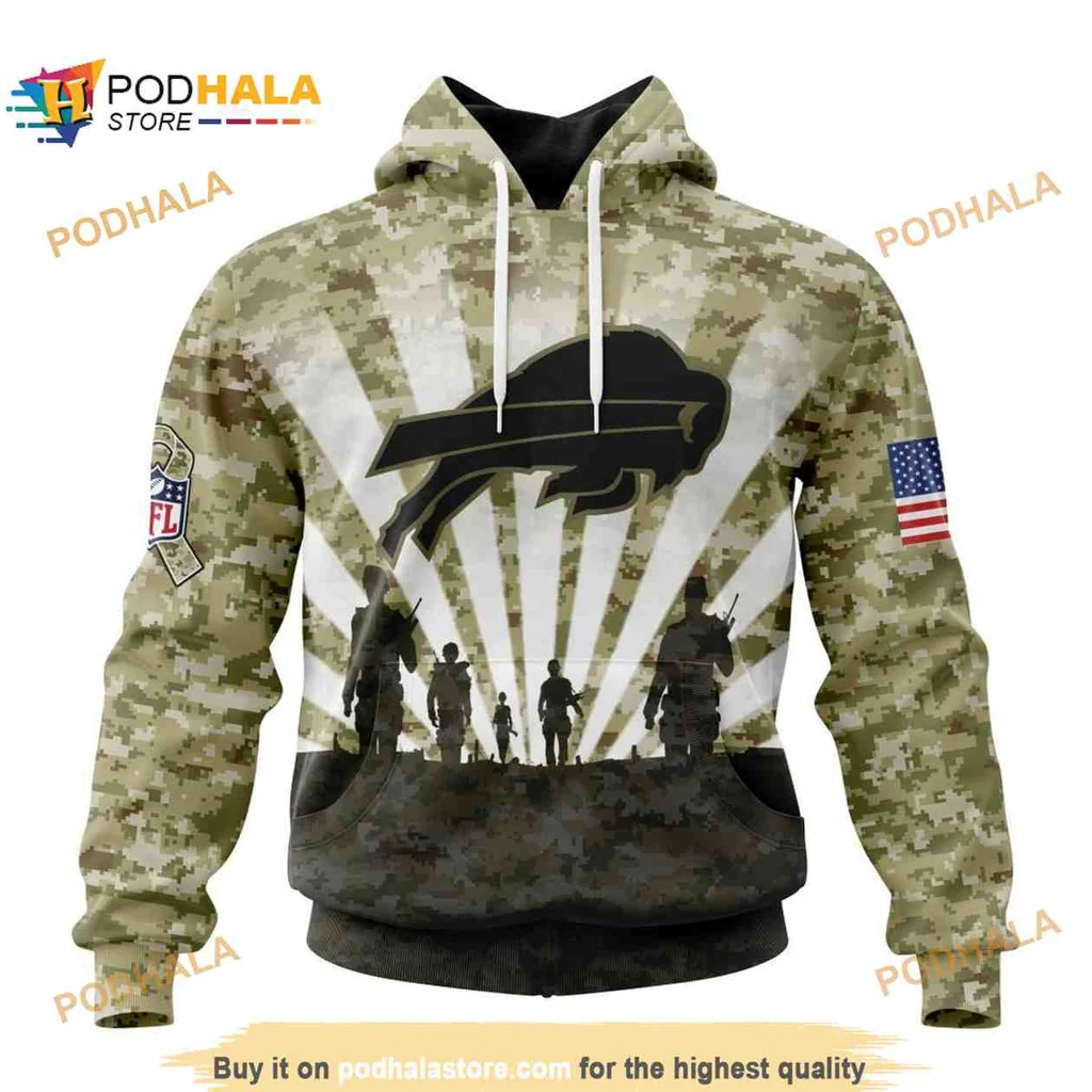 Patriotic Buffalo Bills Camouflage 3d Hoodie Featuring Soldiers And American Flag