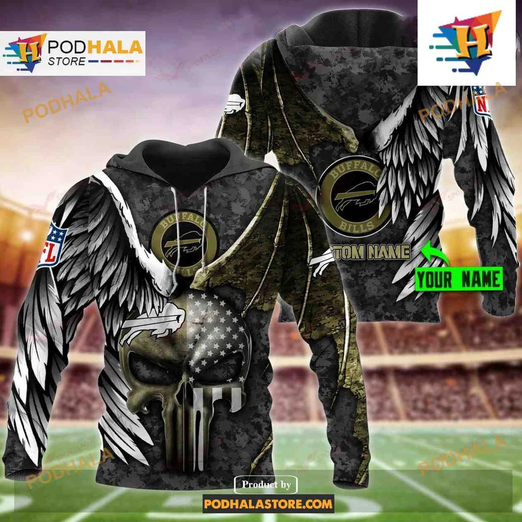 Patriotic Buffalo Bills Eagle Skull 3d Hoodie With Camouflage Background