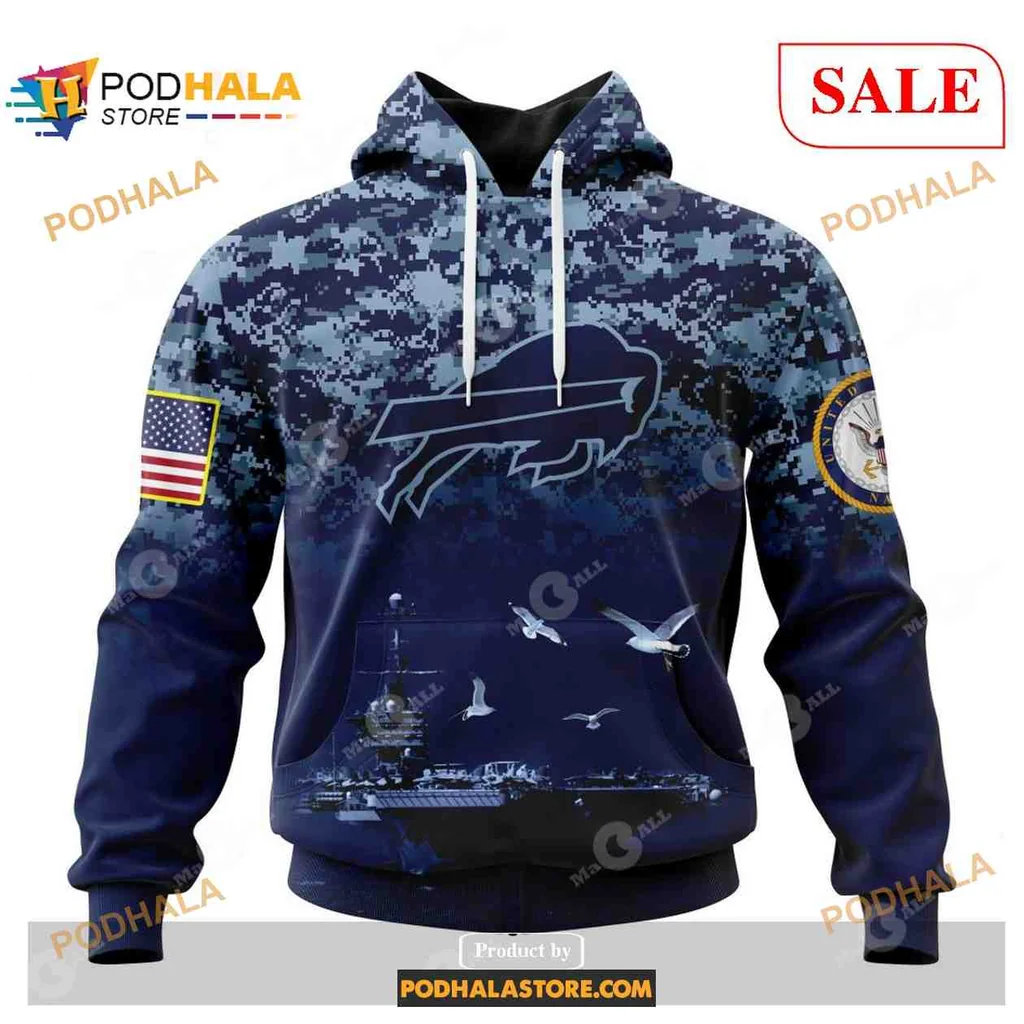 Patriotic Buffalo Bills Navy Veterans 3d Hoodie With American Flag Design