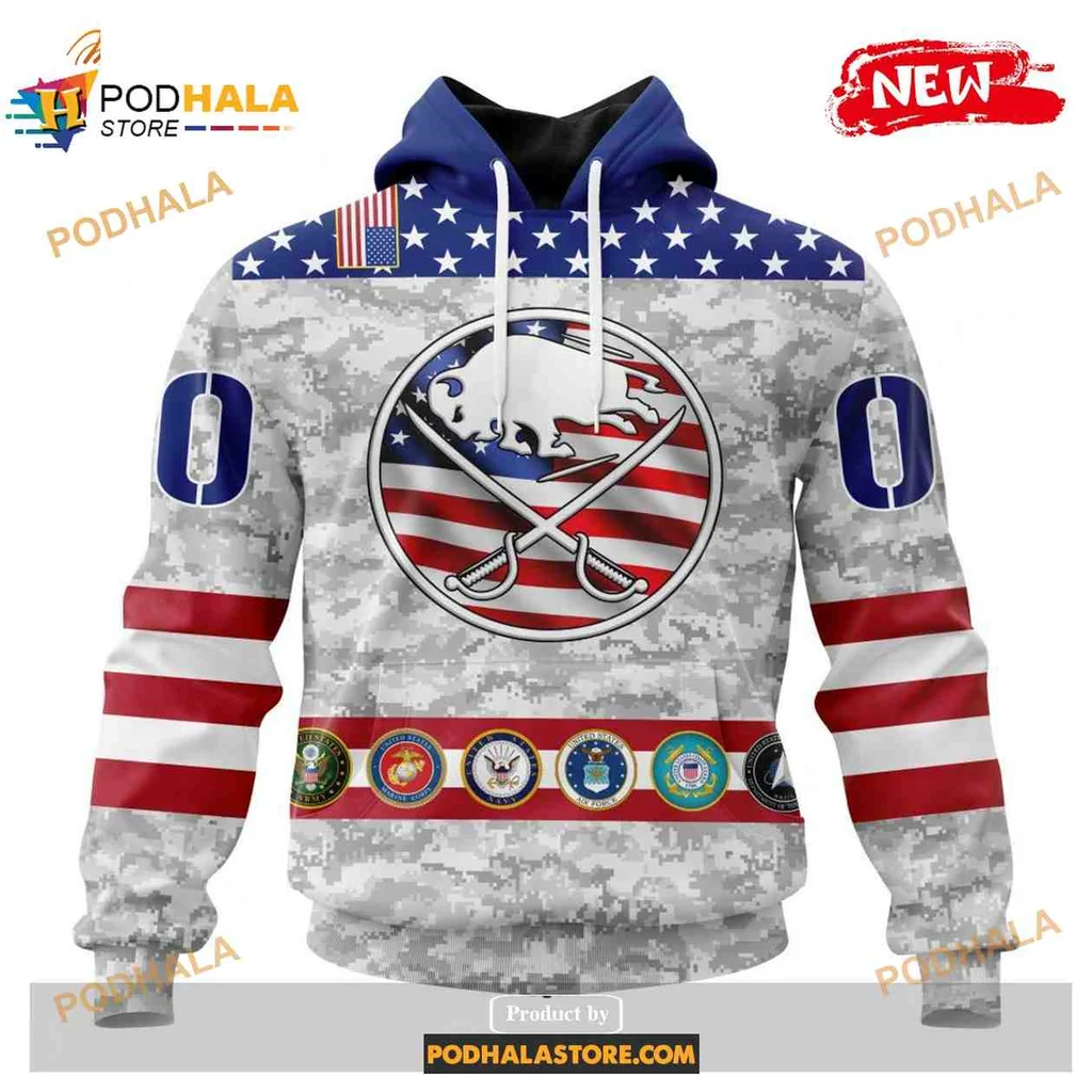 Patriotic Buffalo Sabres 3d Hoodie Featuring Camouflage And Military Insignias