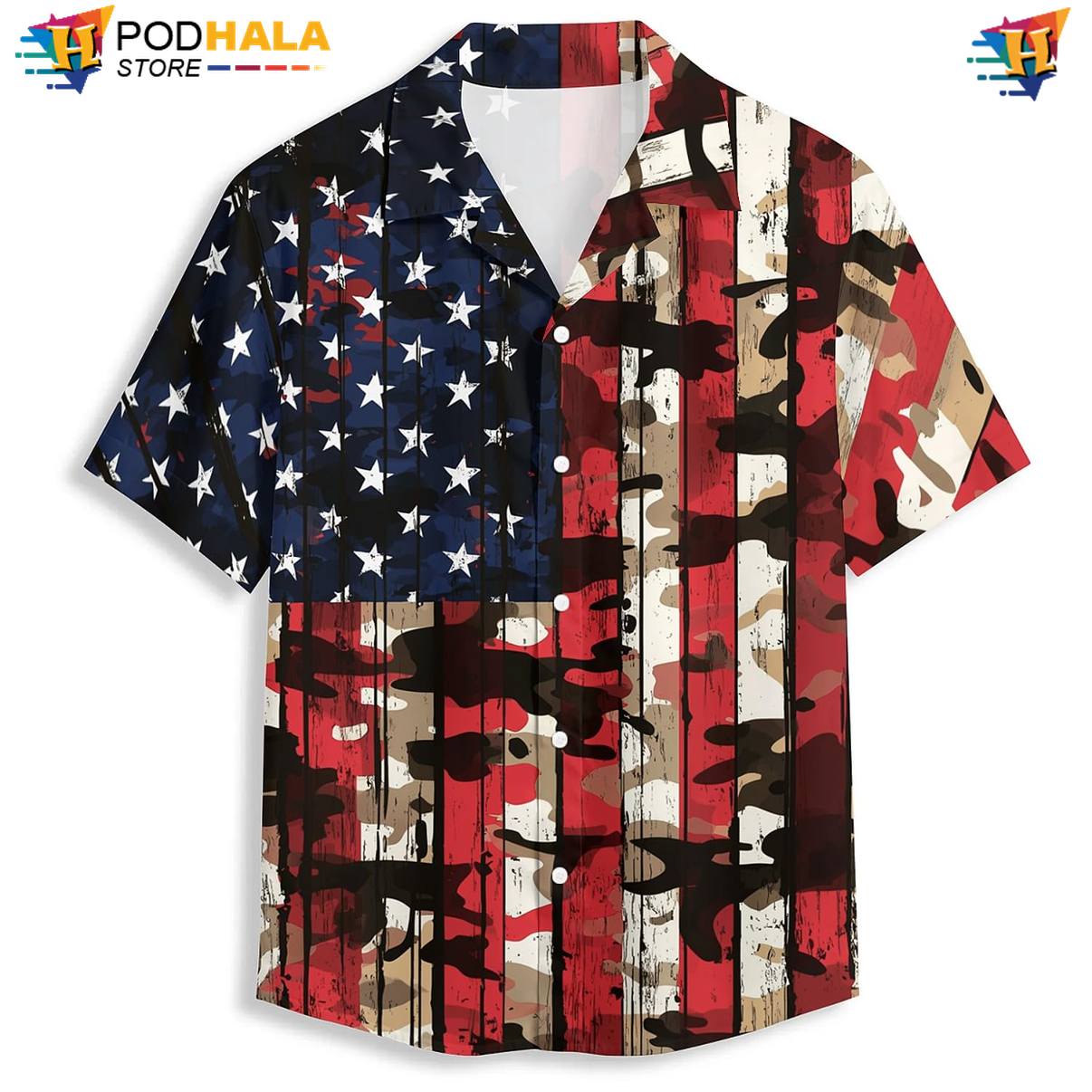 Patriotic Camo Hawaiian Shirt American Flag Mens Luau Party Vacation Outfit
