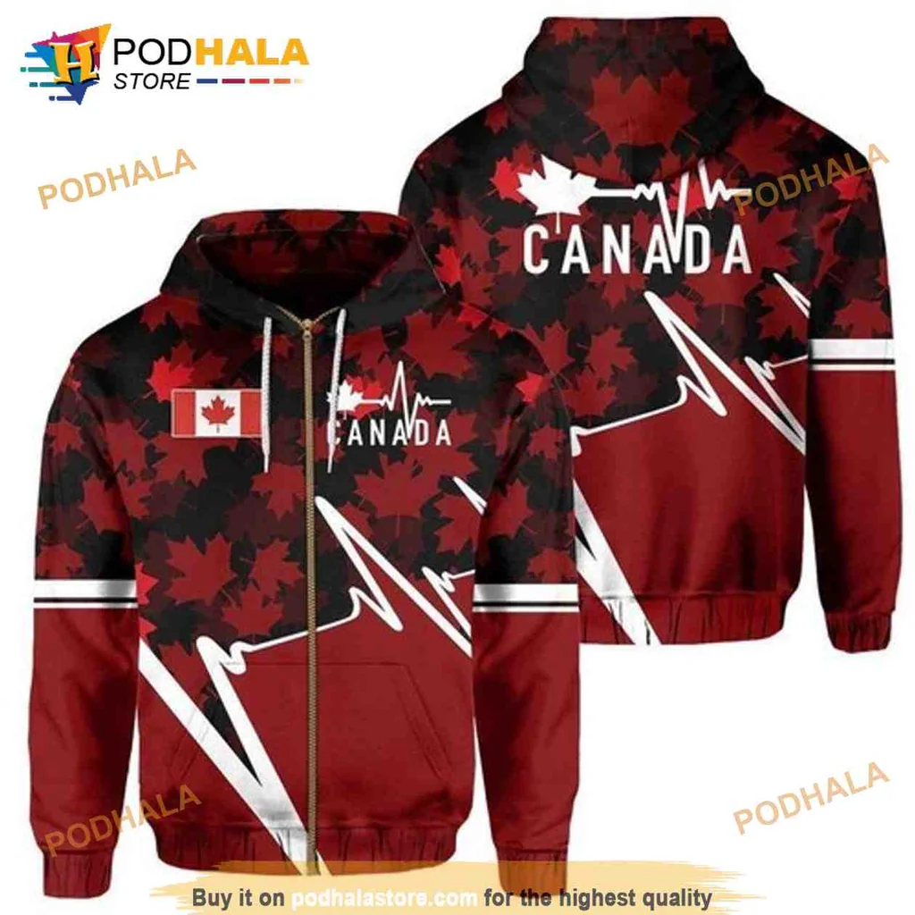 Patriotic Canada Flag 3d Hoodie With Maple Leaves And Heartbeat Design