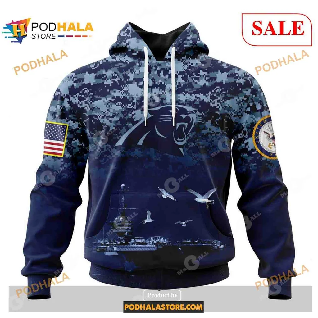 Patriotic Carolina Panthers Navy Veterans 3d Hoodie With Military Insignia